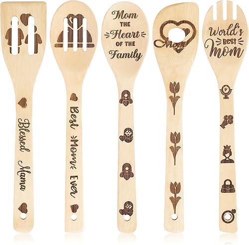 Eartim Juego de 5 cucharas de madera para el día de la madre, utensilios de cocina antiadherentes, cucharas de bambú quemado, espátula, utensilios