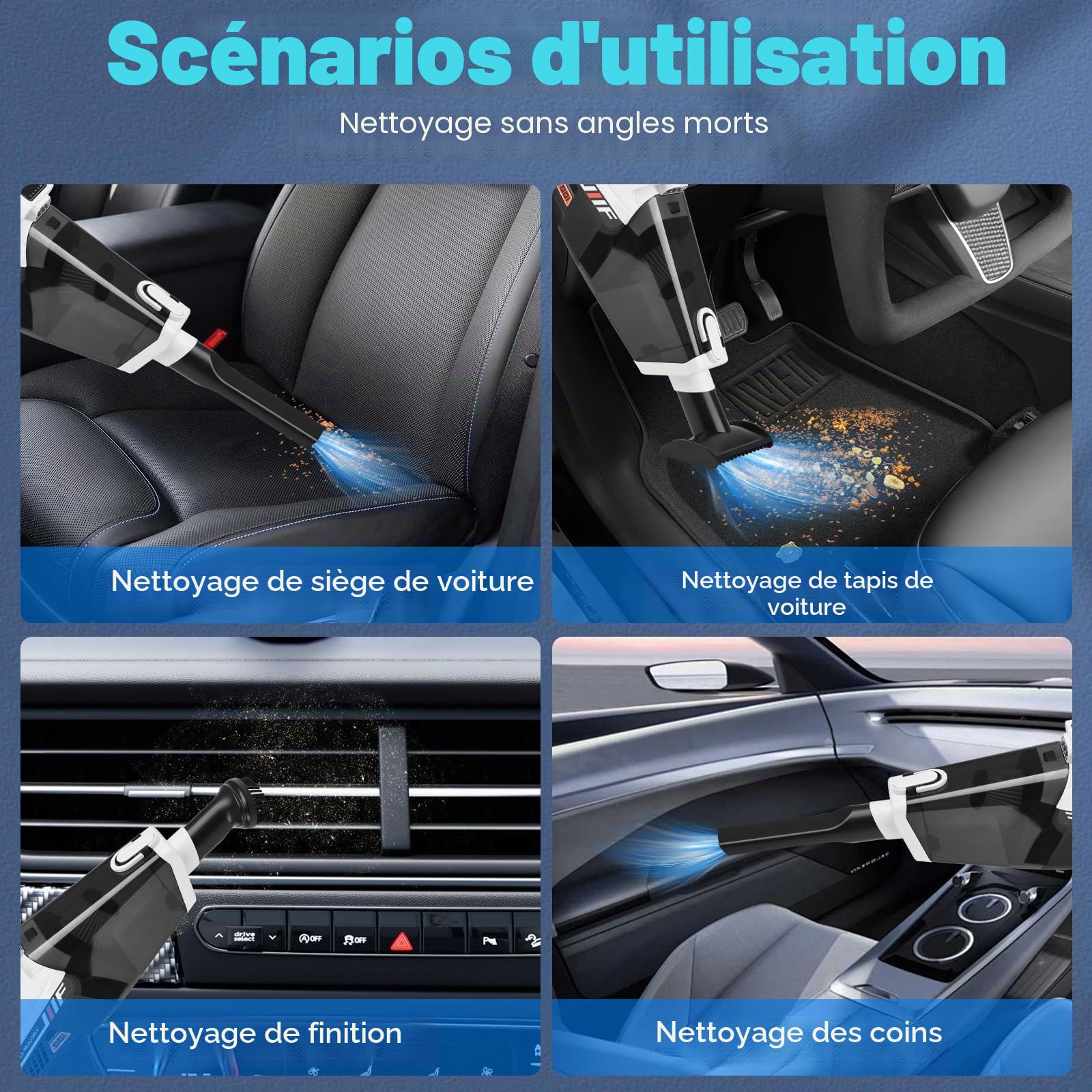 Aspirateur Voiture, 3-en-1 Aspirateur Portable Sans, 16000PA Forte Aspiration，Type-C Charge, Filtre HEPA Lavable, Petit Aspirateur Pour La Voiture, La Maison, Le Bureau, Les Résidus De Nourriture