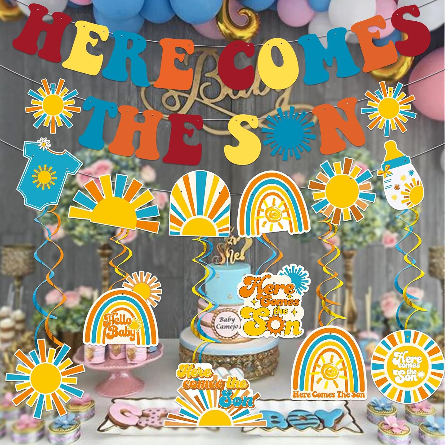 Here Comes The Son Baby Shower Decorations - Sun Banner Garland & Six Hanging Decorations - Red, Orange, Yellow, Green, Blue - Sun-themed Pattern
