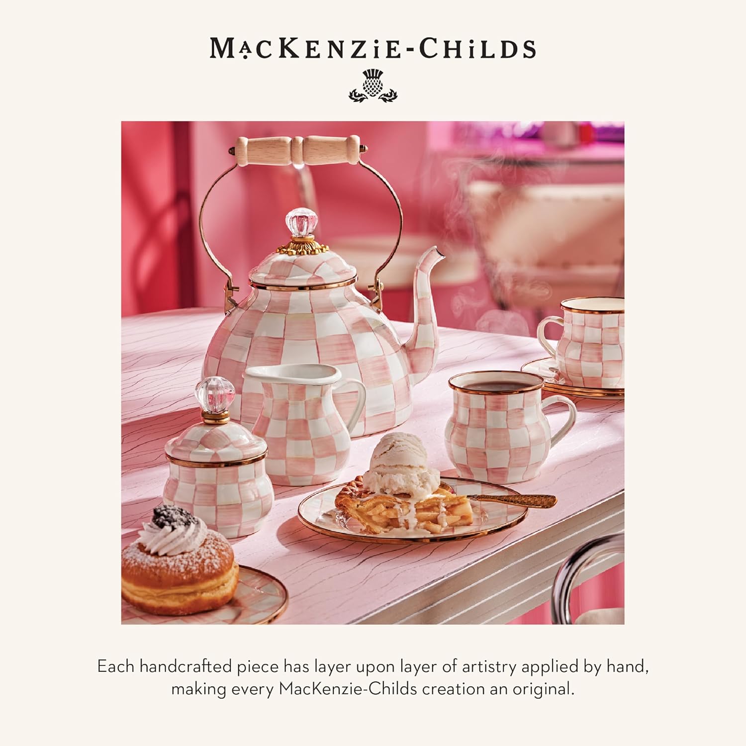 MACKENZIE-CHILDS Practical Enamel Pitcher with Spout, Drink Pitcher for Iced Tea or Water, Flower Vase, Medium, Pink-and-White Rosy Check - Image 6