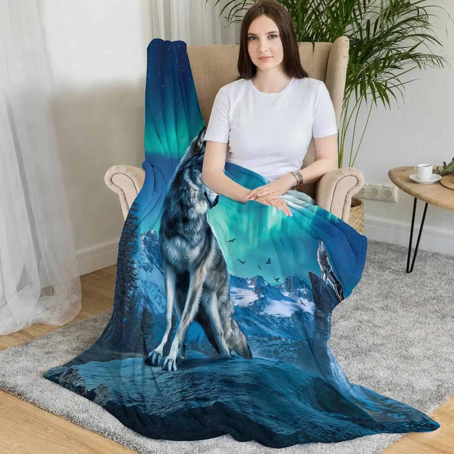 Wolf Blanket for Kids 50"x 60", Moon Forest Mountain Throw Blanket, Wolf Gifts for Women Men, Blue Teal Soft Cozy Lightweight Flannel Throws Blankets for Couch Bed Sofa Chair Decor - Image 4