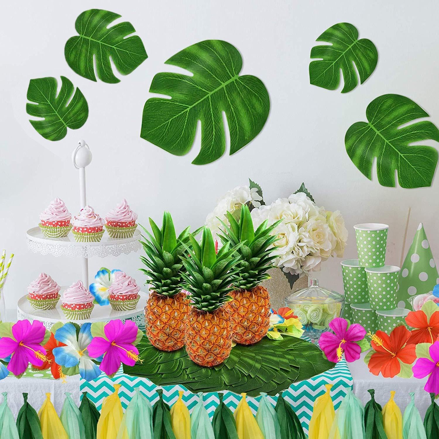 60 Piezas Decoraciones para Fiestas Tropicales y Hawaianas - Palmeras, Mesa y Flores De Hibisco