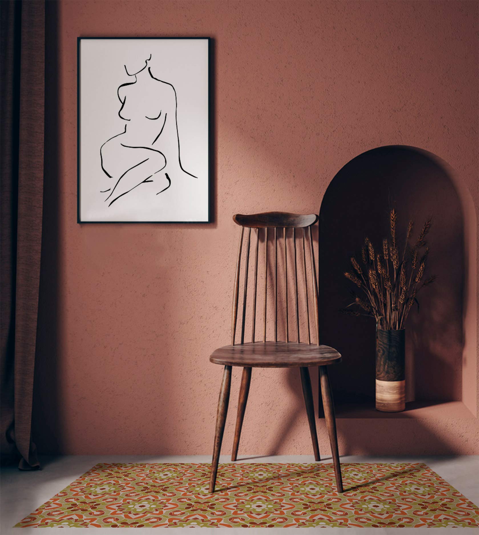 Panorama Tapis Vinyle du Sol Cuisine Salle de Bain - Différentes Tailles - (Tuile Fleurie Orientale Orange 100x140 cm)