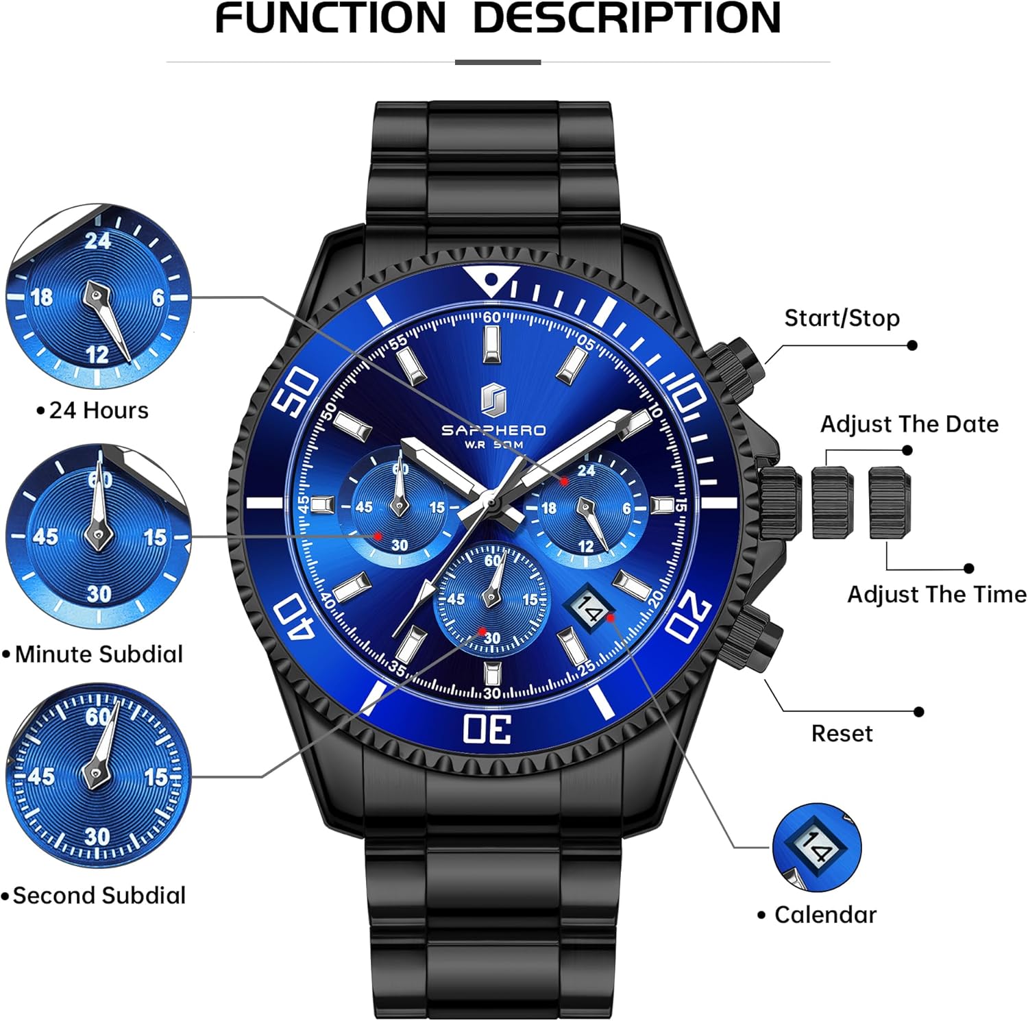 SAPPHERO Round Stainless Steel Watch for Men, 50M Waterproof Luminous Stylish Mens Gift Wristwatch with Date Display and Analog Quartz Design