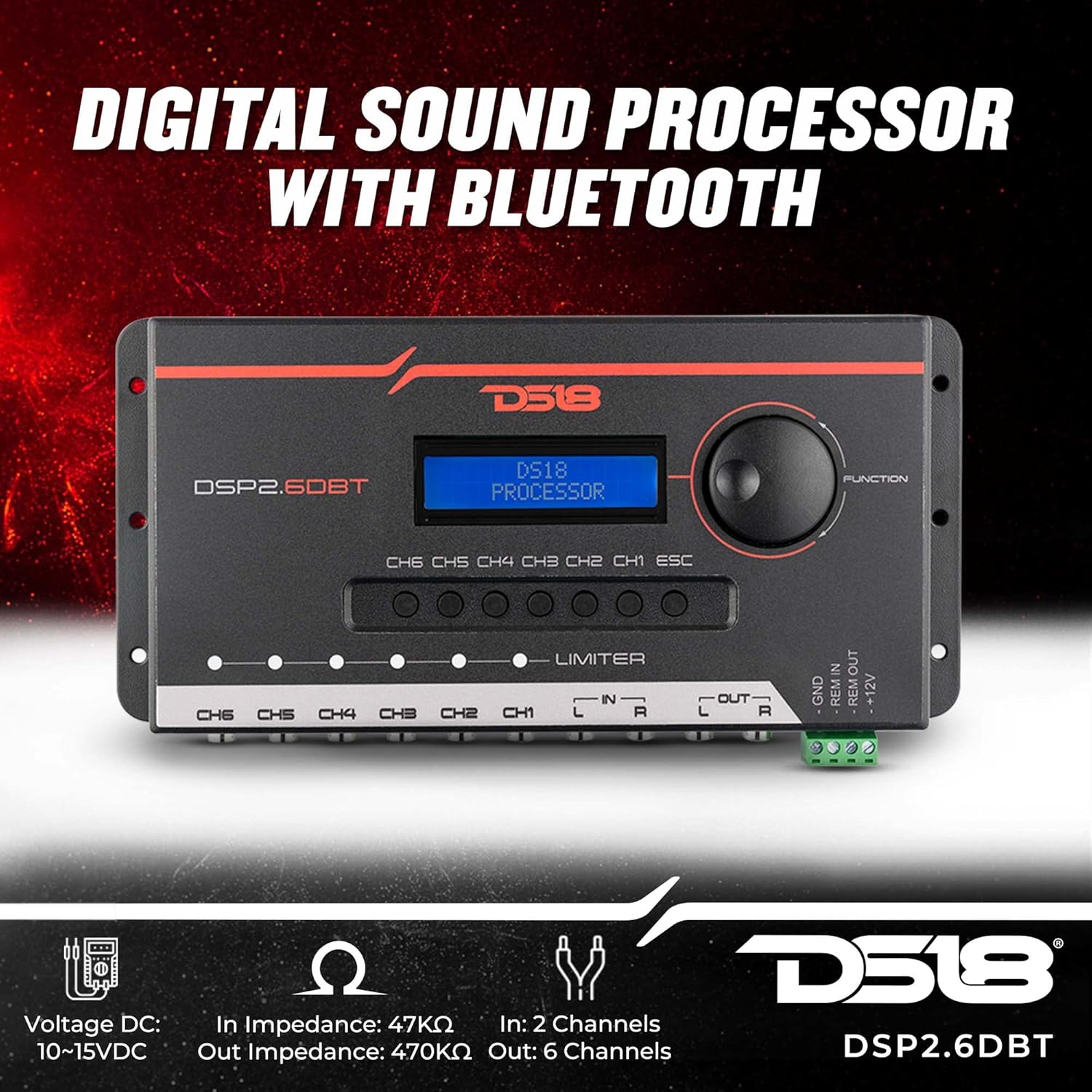 DS18 DSP2.6DBT 2-Channel in and 6-Channel Out Digital Sound Processor with Bluetooth and LCD Screen - Didactic and Intuitive Interface Through The App.