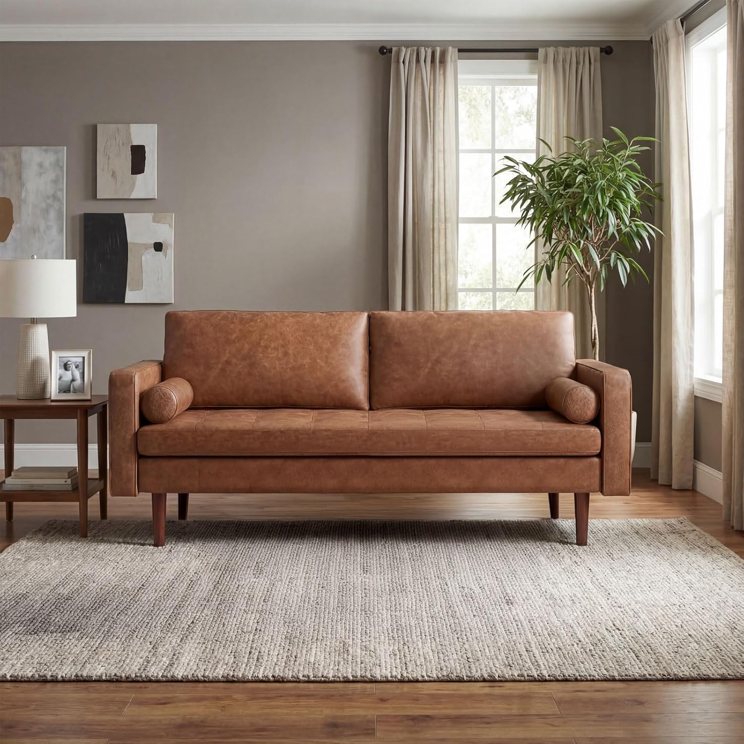 70" Mid-Century Modern Faux Leather Sofa, Comfortable Button Tufted Loveseat Couch with Bolster Pillows & Solid Wood Legs for Living Room, Apartment, Office, 1100lbs Capacity, Brown | Abrasion-resistant, Easy to Clean, High Back Support, Abrasion-resistant, Breathable material, High Density Foam