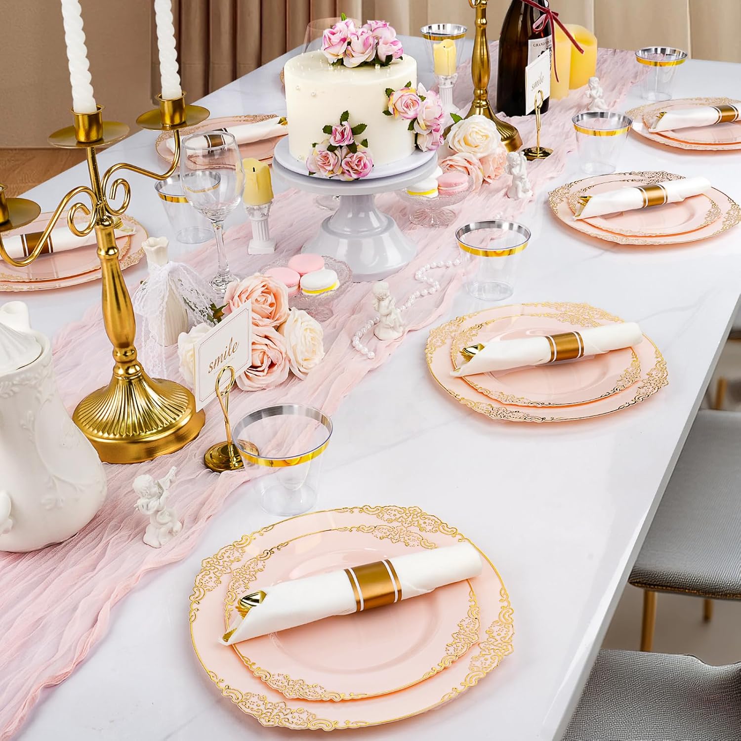 350 PCS Pink and Gold Plastic Plates, Plastic Dinnerware Set for 50 Guests, 100 Disposable Plates, 150 Silverwares, 50 Cups, 50 Napkins for Party, Wedding, Graduation - Image 7