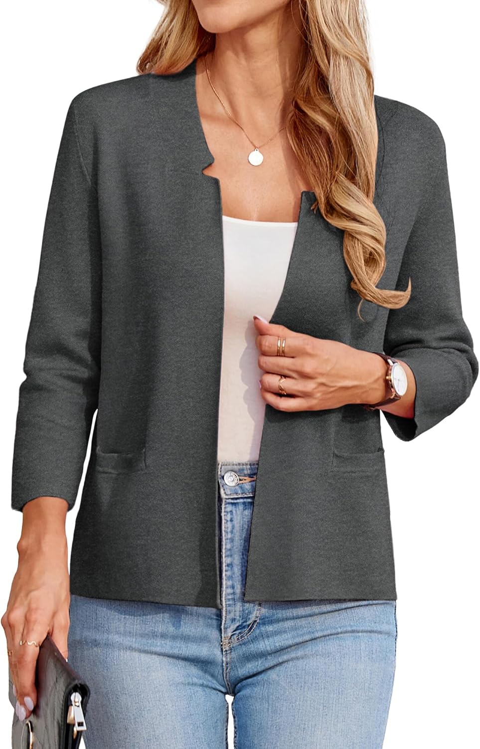 GRACE KARIN Women Sweater Blazer 3/4 Sleeve Cropped Cardigan Lightweight Notch Collar Knit Blazer Jacket Business Casual