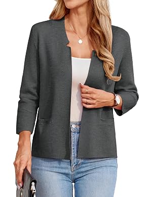 GRACE KARIN Women Sweater Blazer 3 4 Sleeve Cropped Cardigan Lightweight Notch Collar Knit Blazer Jacket Business Casual