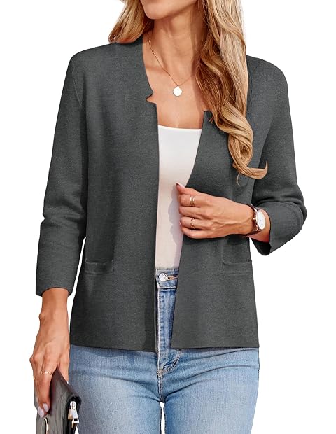 GRACE KARIN Women Sweater Blazer 3 4 Sleeve Cropped Cardigan Lightweight Notch Collar Knit Blazer Jacket Business Casual