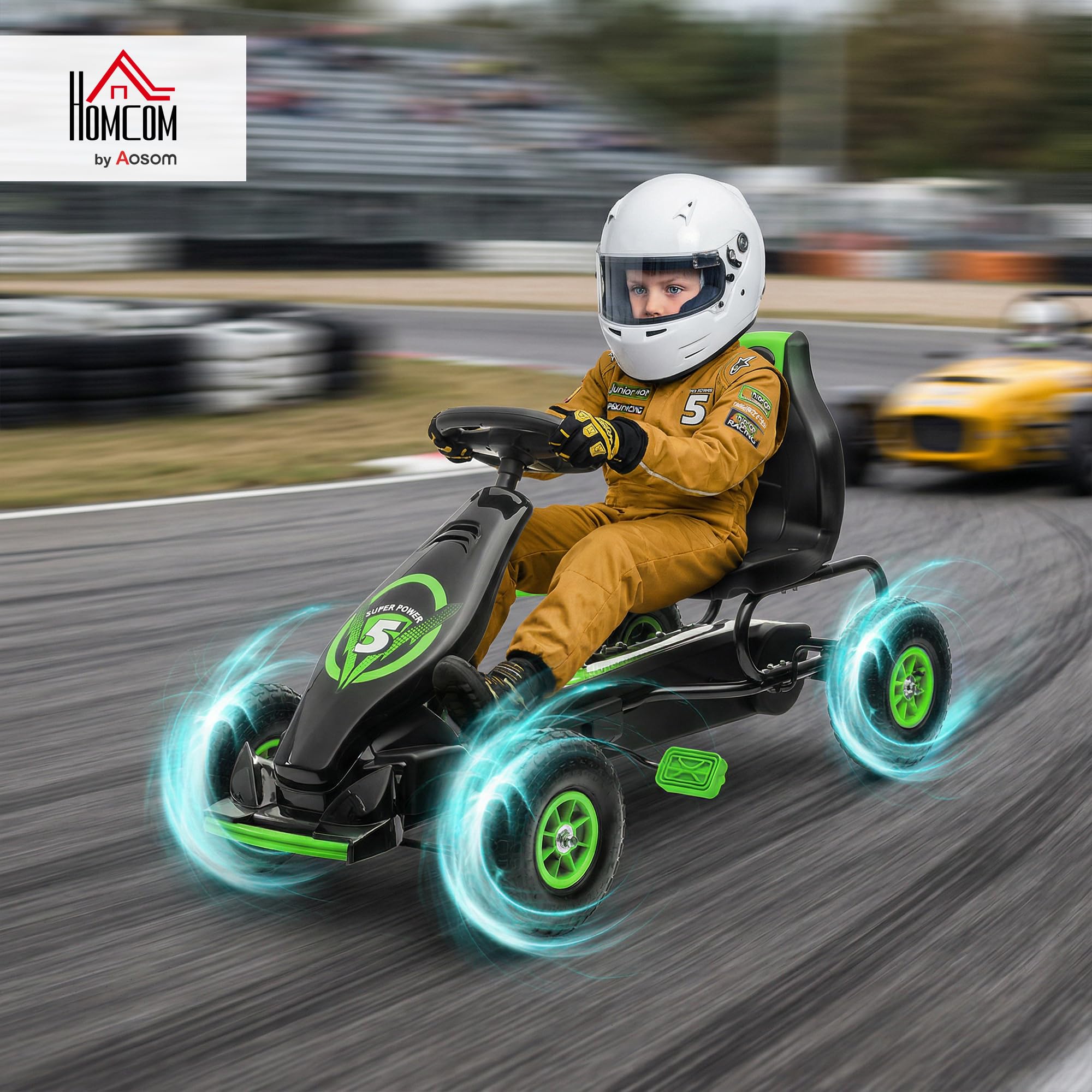 HOMCOM Kart Pedales Coche de Pedales para Niños de 5-12 Años con Asiento Ajustable Neumáticos Inflables Amortiguador y Freno de Mano Carga 50 kg Verde