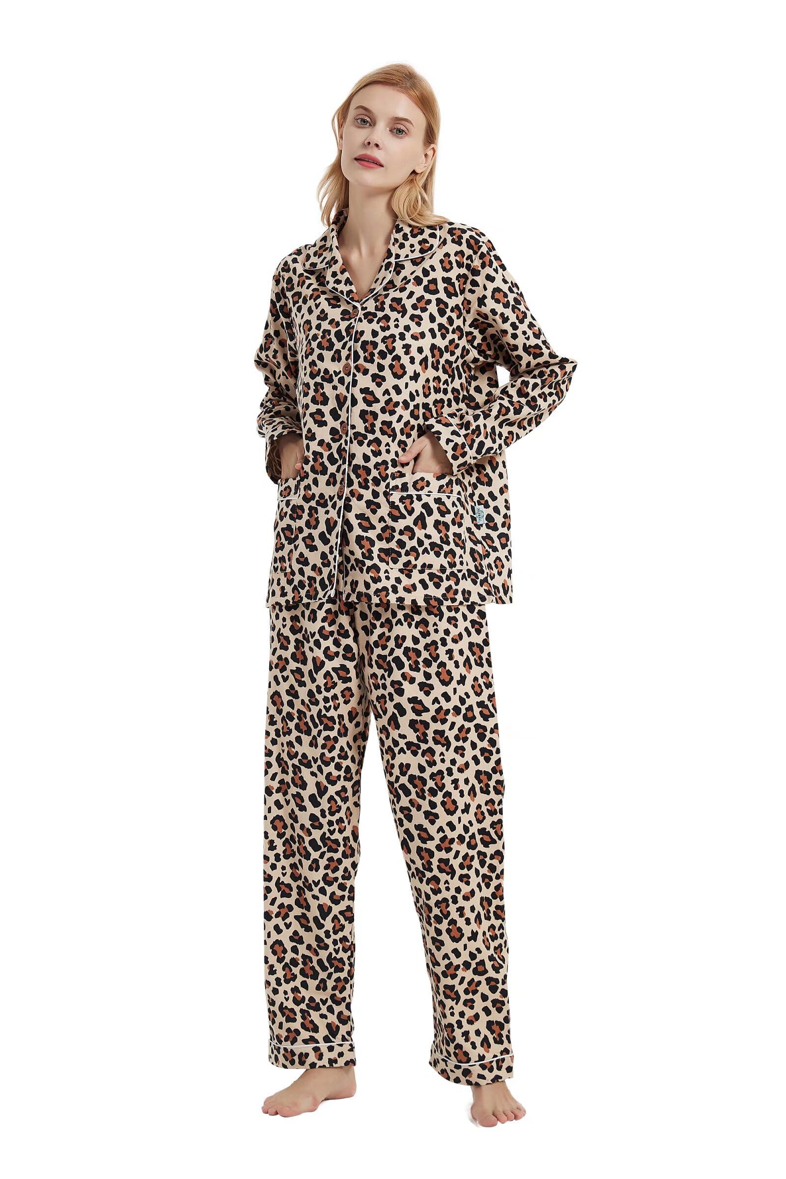 GLOBAL Women's Flannel Pajamas Set 100% Cotton PJs for Women Long Sleeve Button Drawstring Waist Warm Loungewear Sleepwear