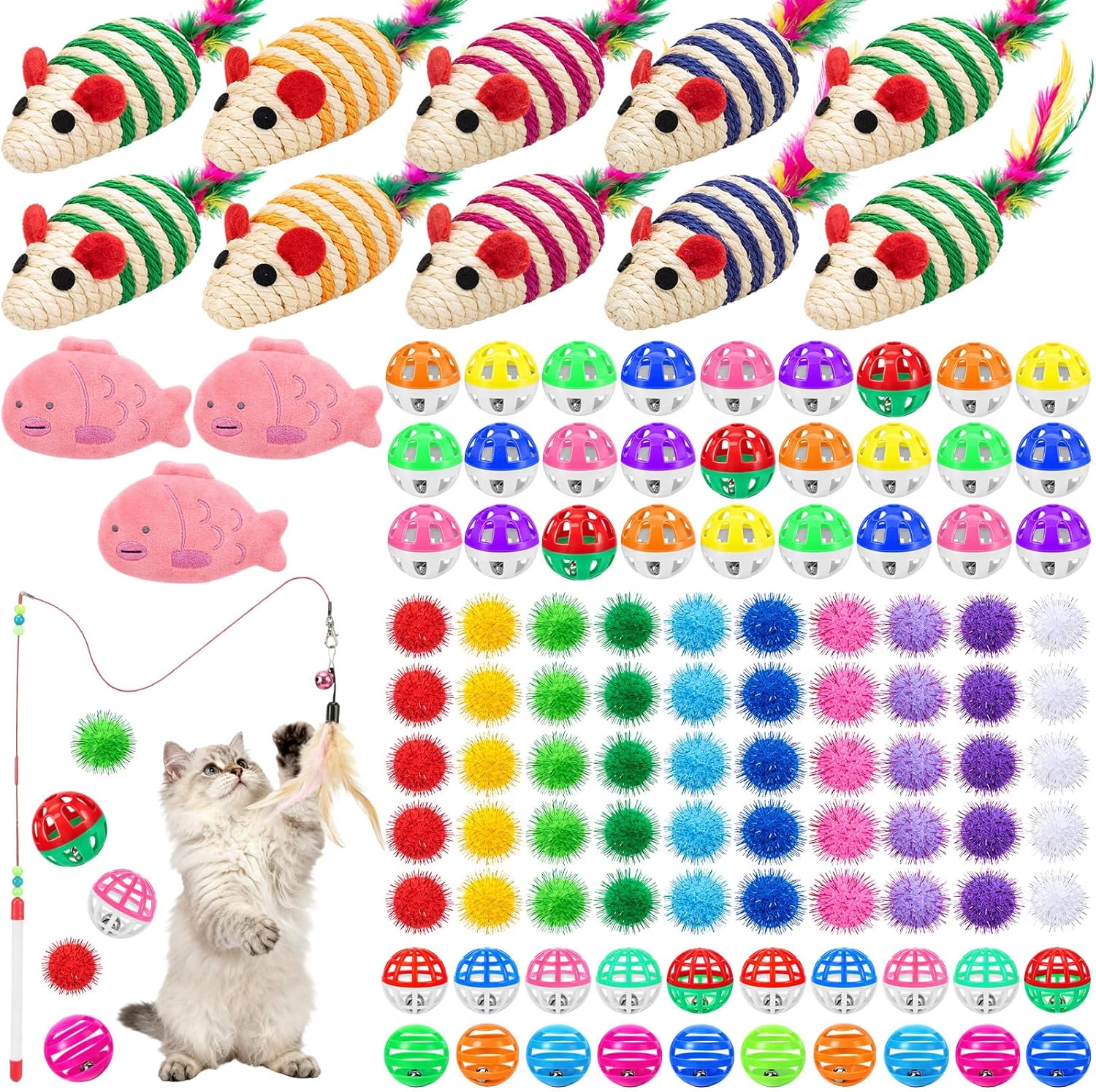 150 Pcs Cat Toys for Indoor Cats Bulk Kitten Toy Variety Pack Including Cat Interactive Plastic Balls with Ball Rattle Mouse Kitten Wand Pompom Balls Gift for Shelter Stray Cats
