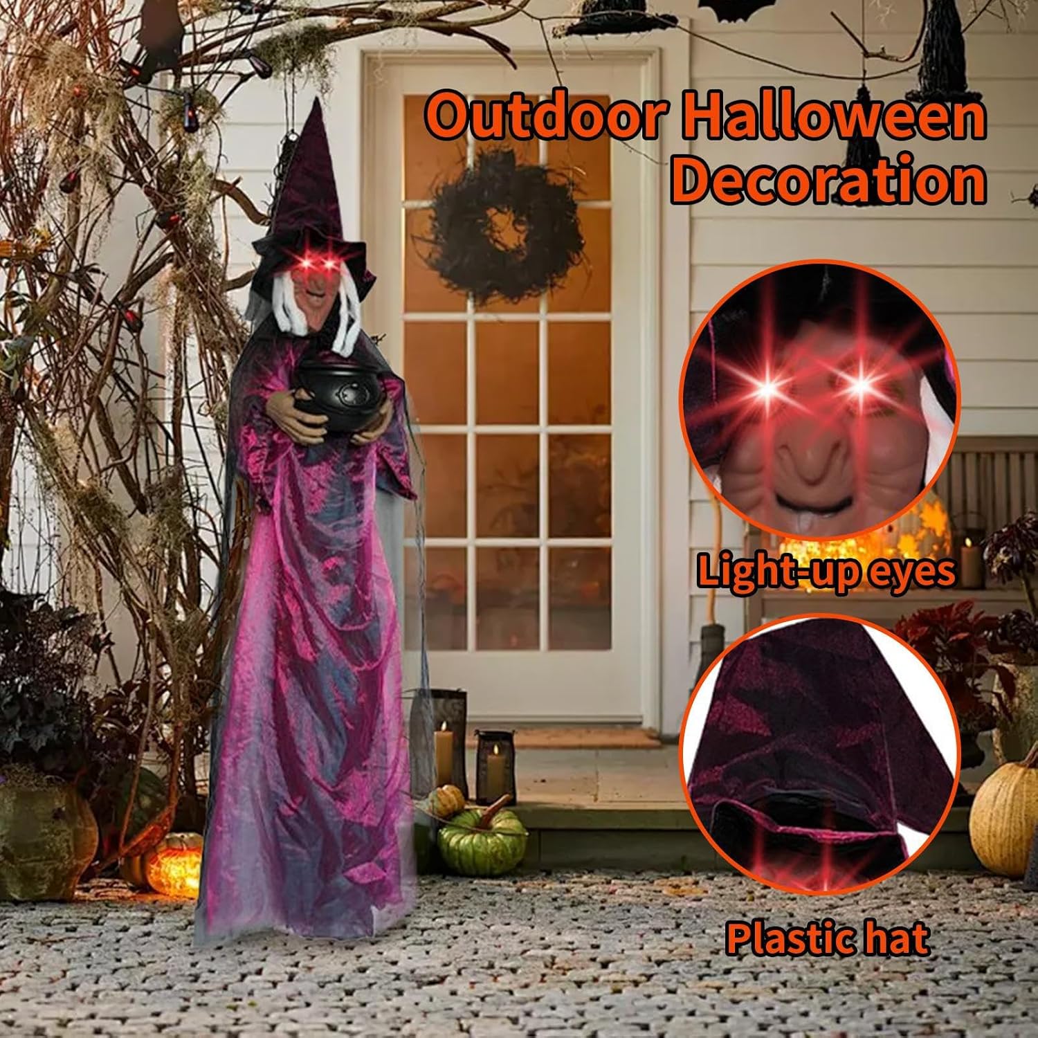 ハロウィン 魔女 装飾品 - 光る 叫ぶ目 魔女 装飾 - 180cm 大釜持つ フィギュア 庭木 門 天井 壁 ポーチ 用