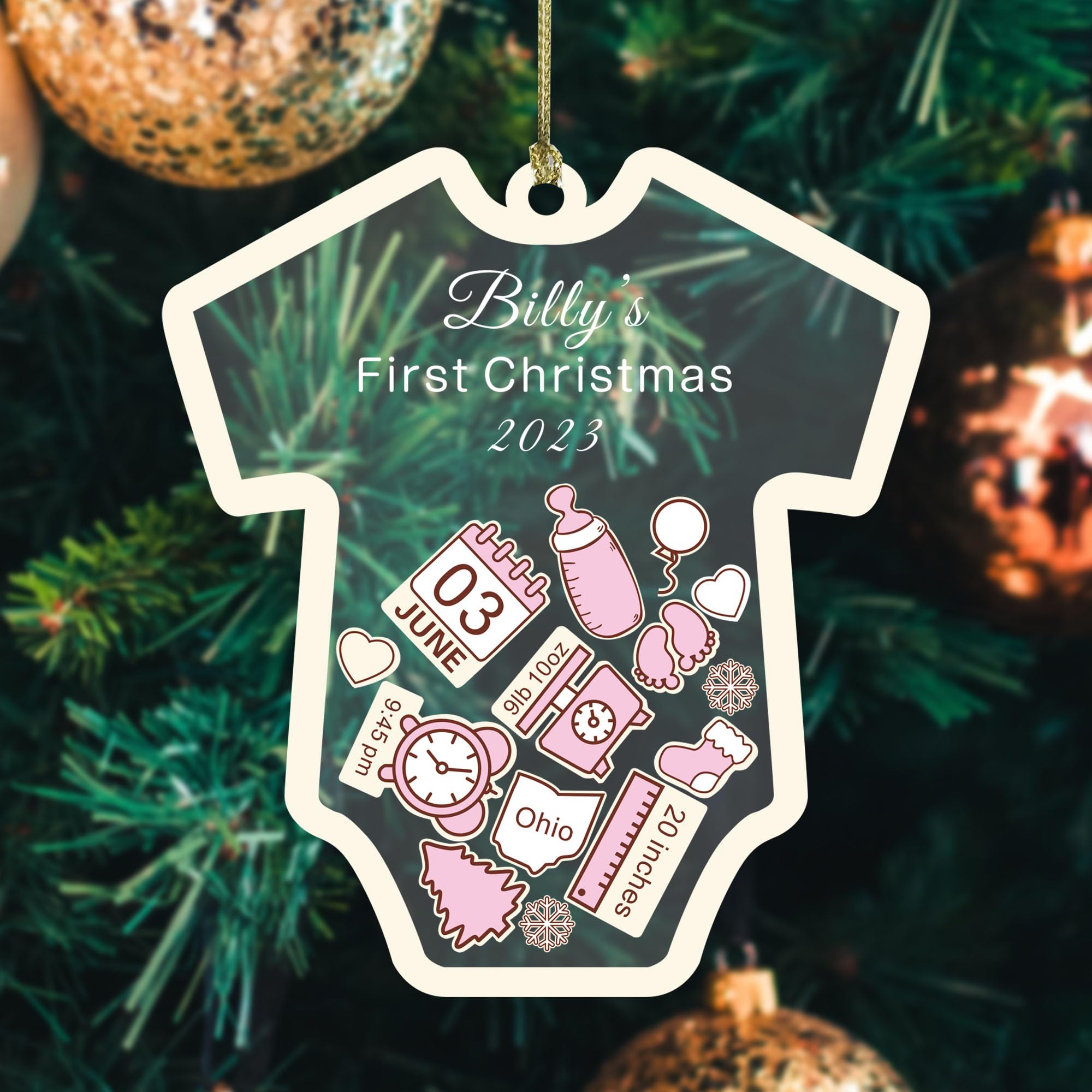 Crezusvo Personalized Babys First Christmas Ornament 2024 - Onesie Shape Customized Baby's 1st Christmas Ornaments, Baby Name, Birthdate, Weight, Height for Newborn Girl Boy Keepsake Ornaments