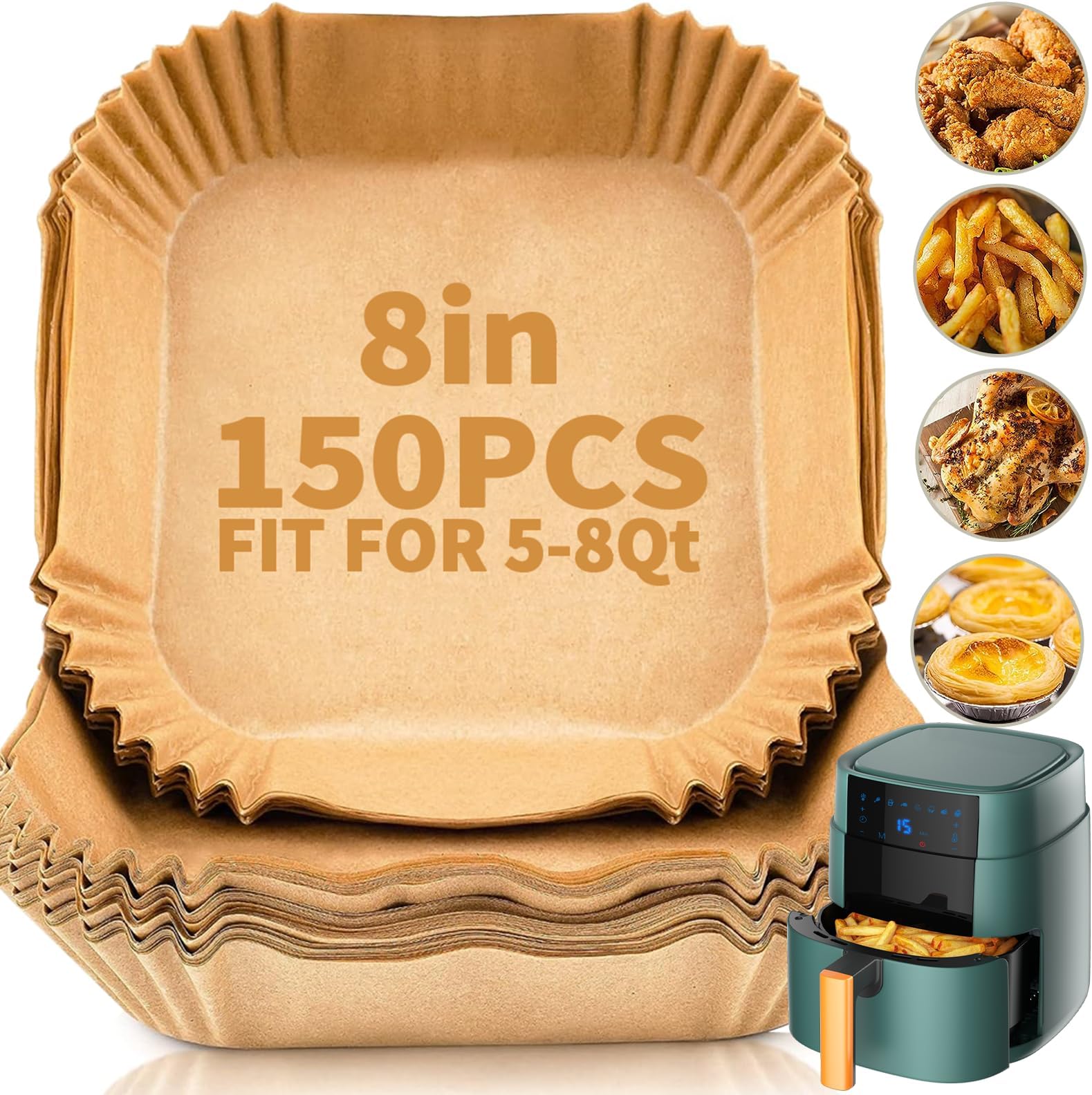 150 PCS Air Fryer Disposable Paper Liners,8 Inch Square Parchment Disposable Paper Liner for 5-8QT Air Fryer,Baking, Roasting and Microwave, Non-Stick Airfryer Accessories