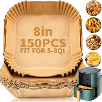 150 PCS Air Fryer Disposable Paper Liners,8 Inch Square Parchment Disposable Paper Liner for 5-8QT Air Fryer,Baking, Roasting and Microwave, Non-Stick Airfryer Accessories