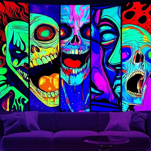 Miniatura 9 de Tapiz de calavera gótica en blanco y negro para dormitorio, esqueleto gótico, tapices de pared de Halloween, estético, horror, fantasma, jinete,