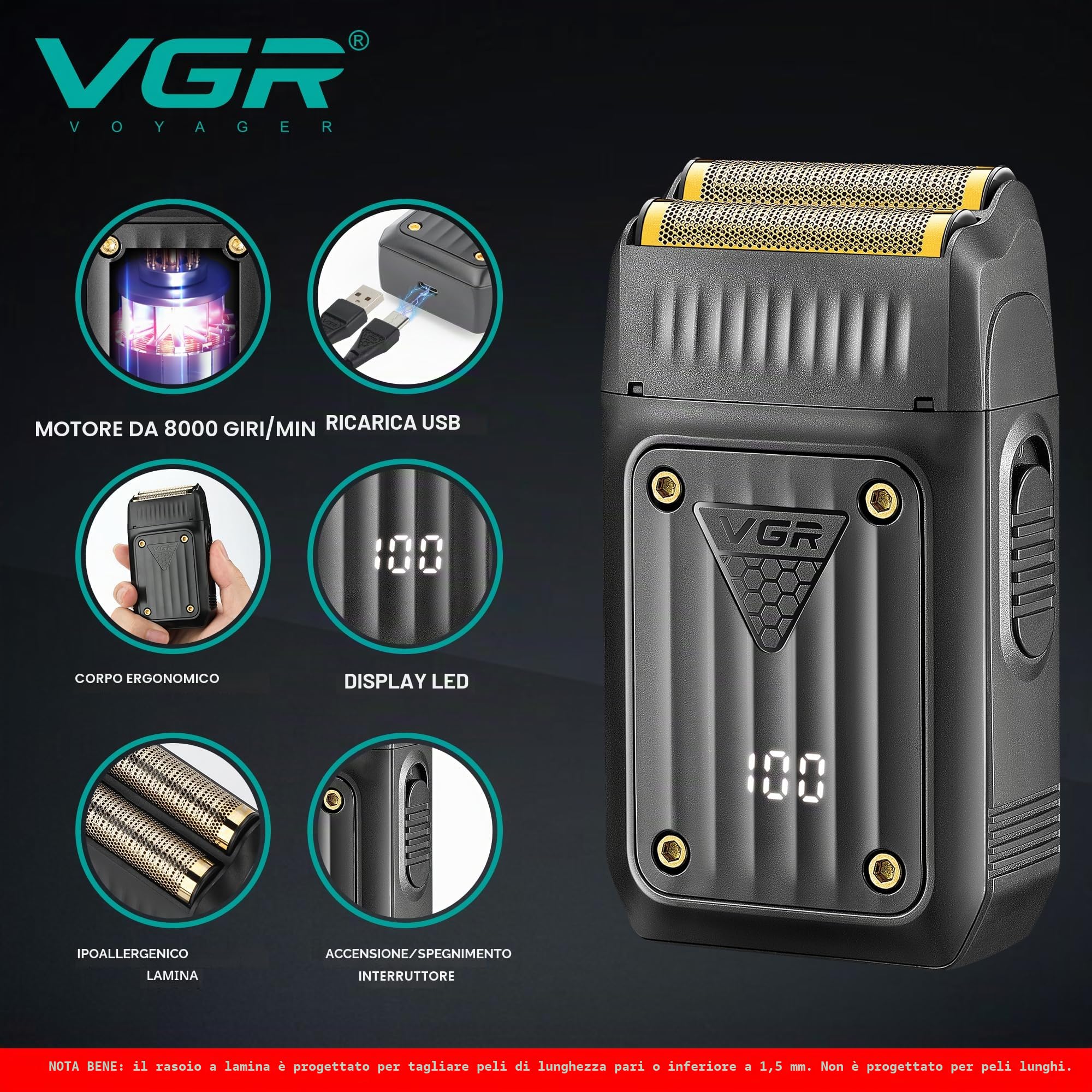 VGR Rasoio elettrico da uomo, ricaricabile senza fili, con batteria da 80 minuti, 8000 giri/min, per barba, viso, testa calva, collo, dissolvenza della pelle, rasatura precisa e pulita