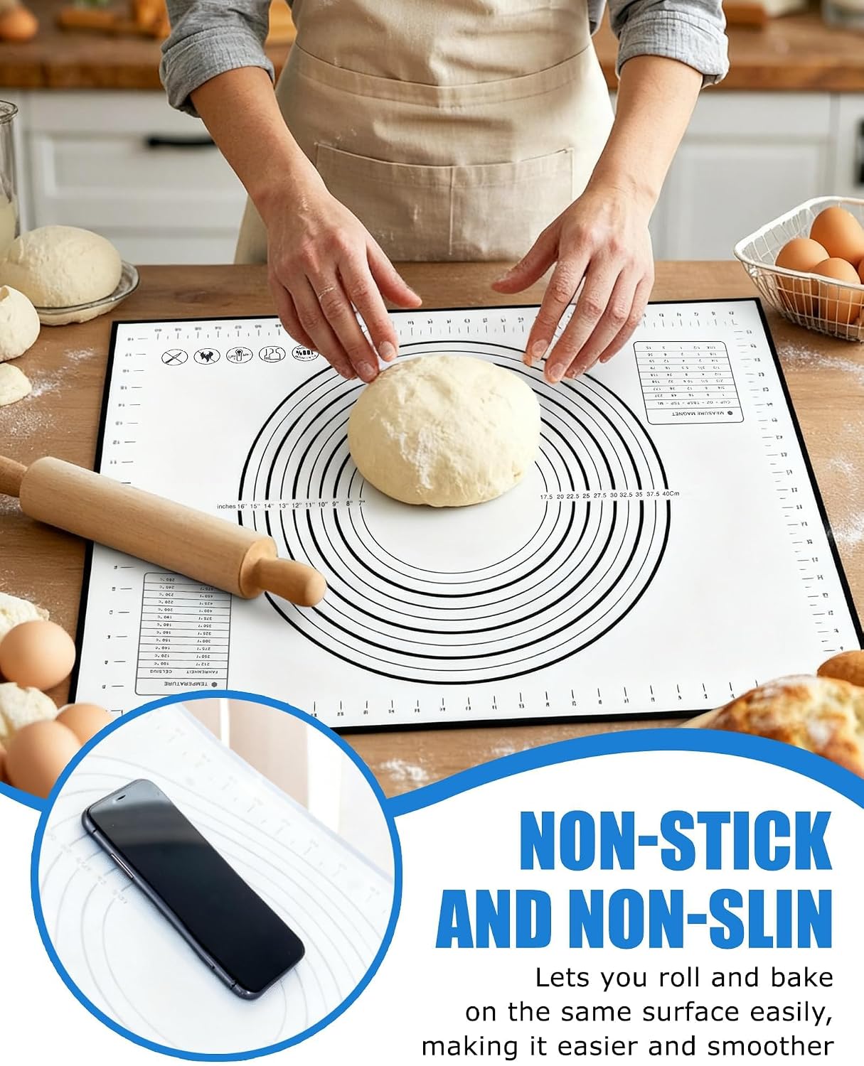 Silicone Pastry Mat with Measurements, 28" x 20" Extra Large Silicone Baking Mat, Non-slip Pastry Rolling Sourdough Baking Mat, Bread Rolling Dough Mats Sheet for Fondant,Pizza,Pie,Cookies thumbnail