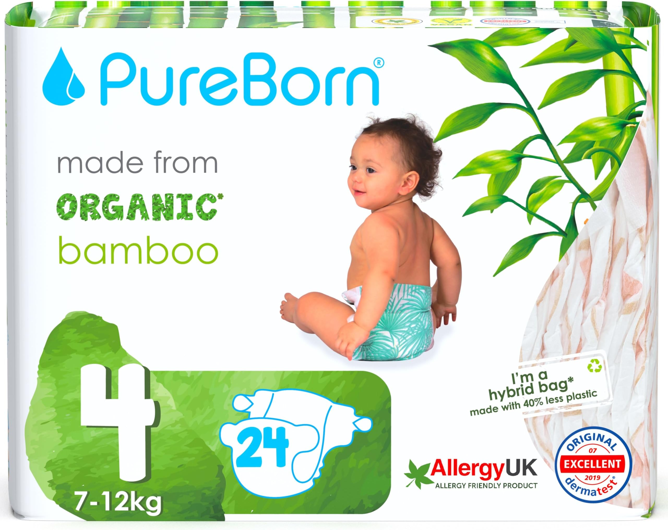 Eco Organic Bamboo Nappies, Size 4 (7-12 kg), 24 Nappies, Hypoallergenic, Ultra Soft, Dermatologically Tested, Wetness Indicator