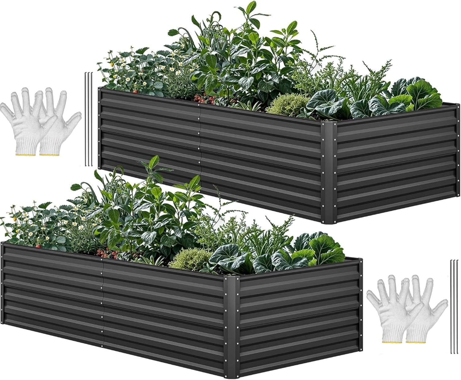 YITAHOME 8x4x2 ft 2pcs Galvanized Raised Garden Bed Kit, Large Metal Planter Box with Gloves, Safety Rubber & Support Rod, Outdoor Flower Bed for Plants Vegetables, Black