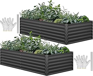 YITAHOME 8x4x2 ft 2pcs Galvanized Raised Garden Bed Kit, Large Metal Planter Box with Gloves, Safety Rubber & Support Rod, Outdoor Flower Bed for Plants Vegetables, Black