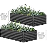 YITAHOME 8x4x2 ft 2pcs Galvanized Raised Garden Bed Kit, Large Metal Planter Box with Gloves, Safety Rubber & Support Rod, Outdoor Flower Bed for Plants Vegetables, Black