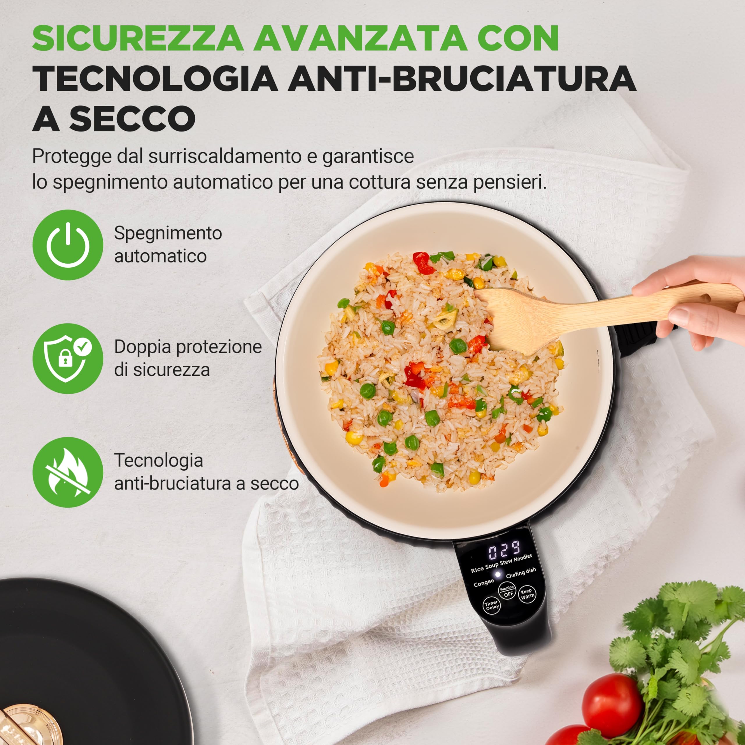 NutriChef Cuoci Riso Elettrico 1,5 Litri, Multi-Funzione con Rivestimento Antiaderente in Ceramica, Pannello Digitale, 6 Funzioni: Riso, Zuppe, Stufati, Porridge Istantaneo, Nero
