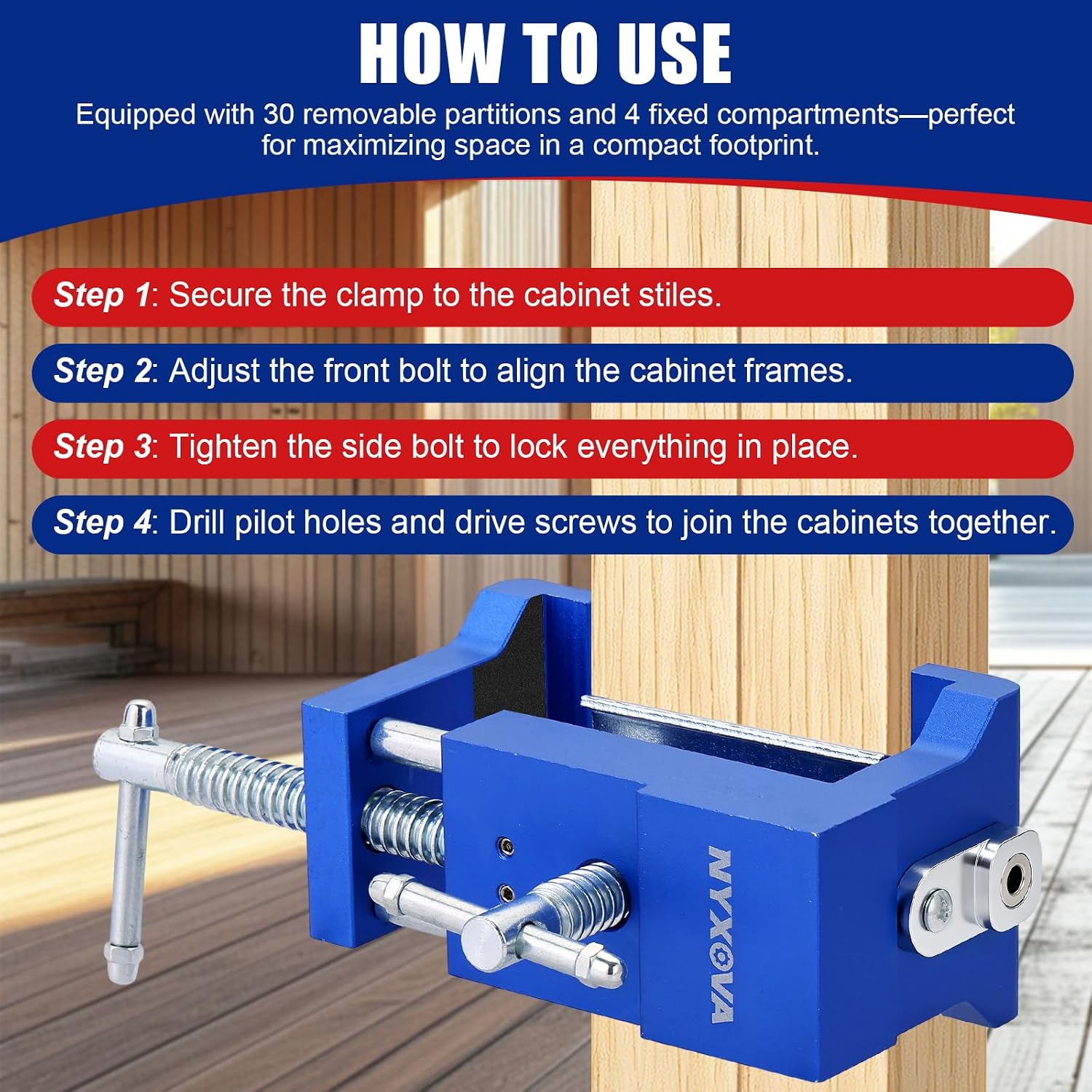 NYXOVA Woodworking Drill Clamps 4-Pack, Face Frame Alignment Tool | 4-3/8" Jaw Opening for Cabinet Installation & Woodworking (Blue)