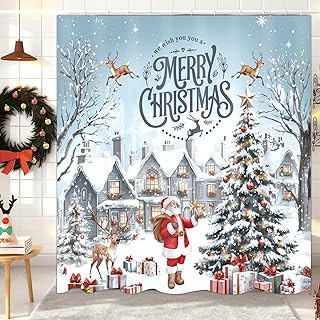 Christmas Shower Curtain,Santa Claus Castle Reindeer Shower Curtain,Winter Pattern Holoday Shower Bathroom Decor For Bathroom ,72x72 Inch Waterproof Polyester Insulated Home Decor Set,With Hooks
