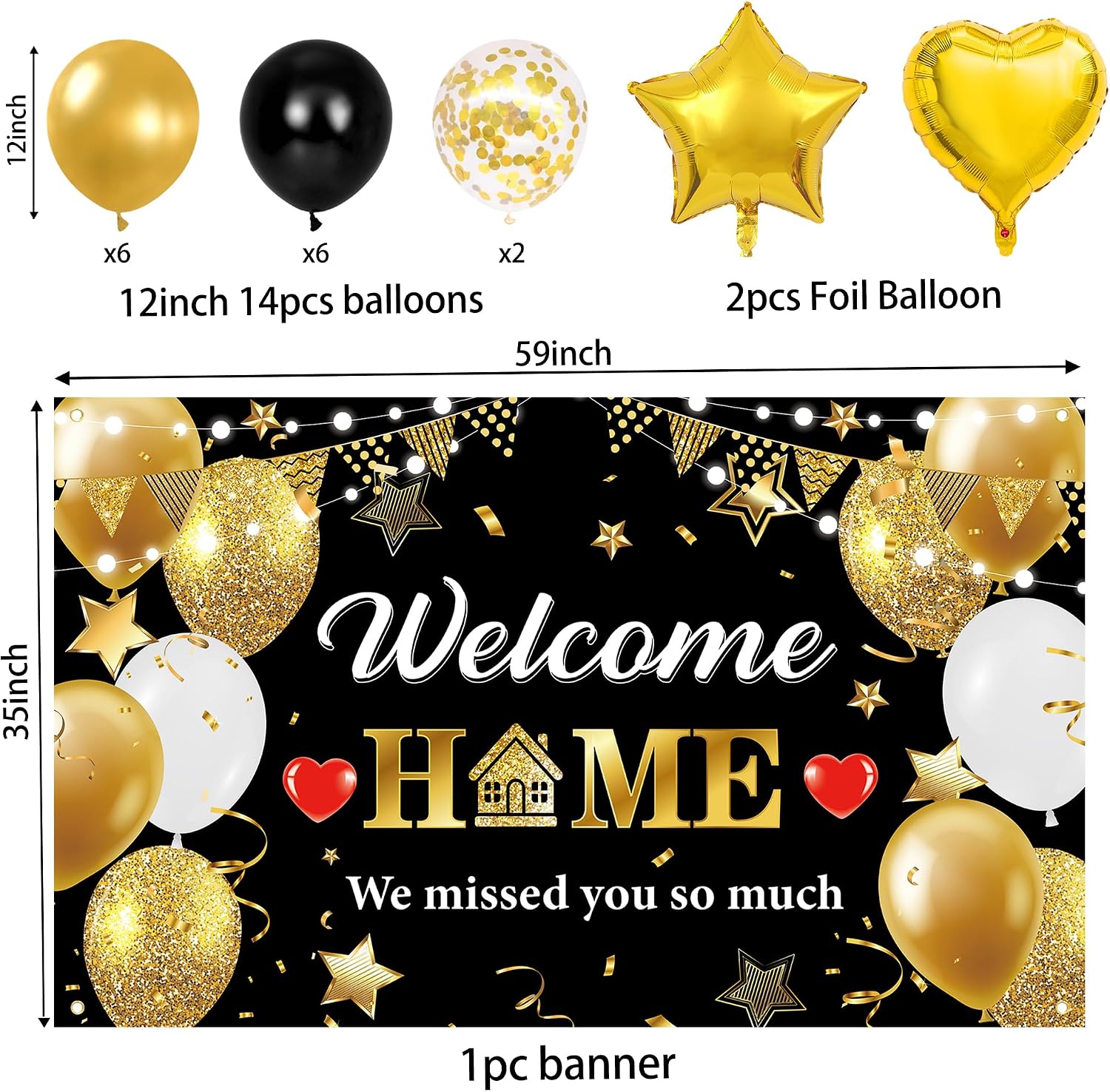 Holkcog Welcome Home Decoration, Black Gold Welcome Back Party Decorations | We Missed You So Much Banner Party, Glitter Home Party Sign Banner Balloons, Welcome Family Reunion Party Decor Supplies