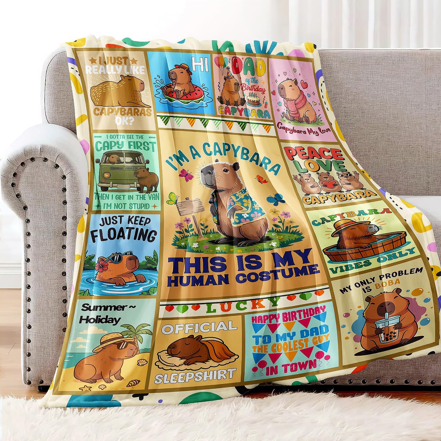 Capybara Throw Blanket, Funny Quotes Cartoon Design, Soft Cozy Fleece Blanket for Couch Bed, 40 x 50 Inches