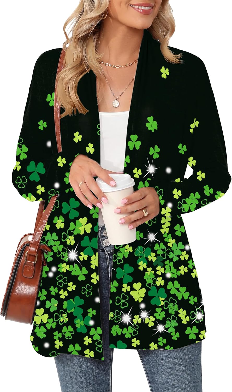 Womens St Patricks Day Long Sleeve Cardigan Shamrock Print Lightweight Coat