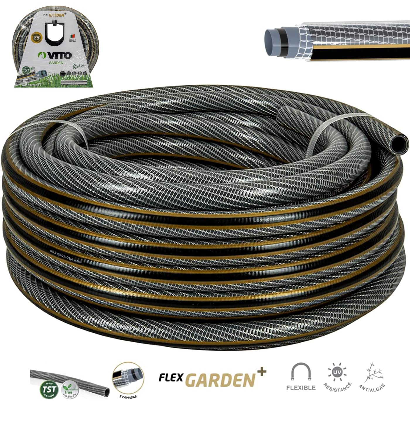 VITO - Tuyau arrosage Professionnel Flexible Ø 19mm/ 20mètres 5 Couches 20 Bars Anti Torsion Spécial Chantier Résiste aux UV