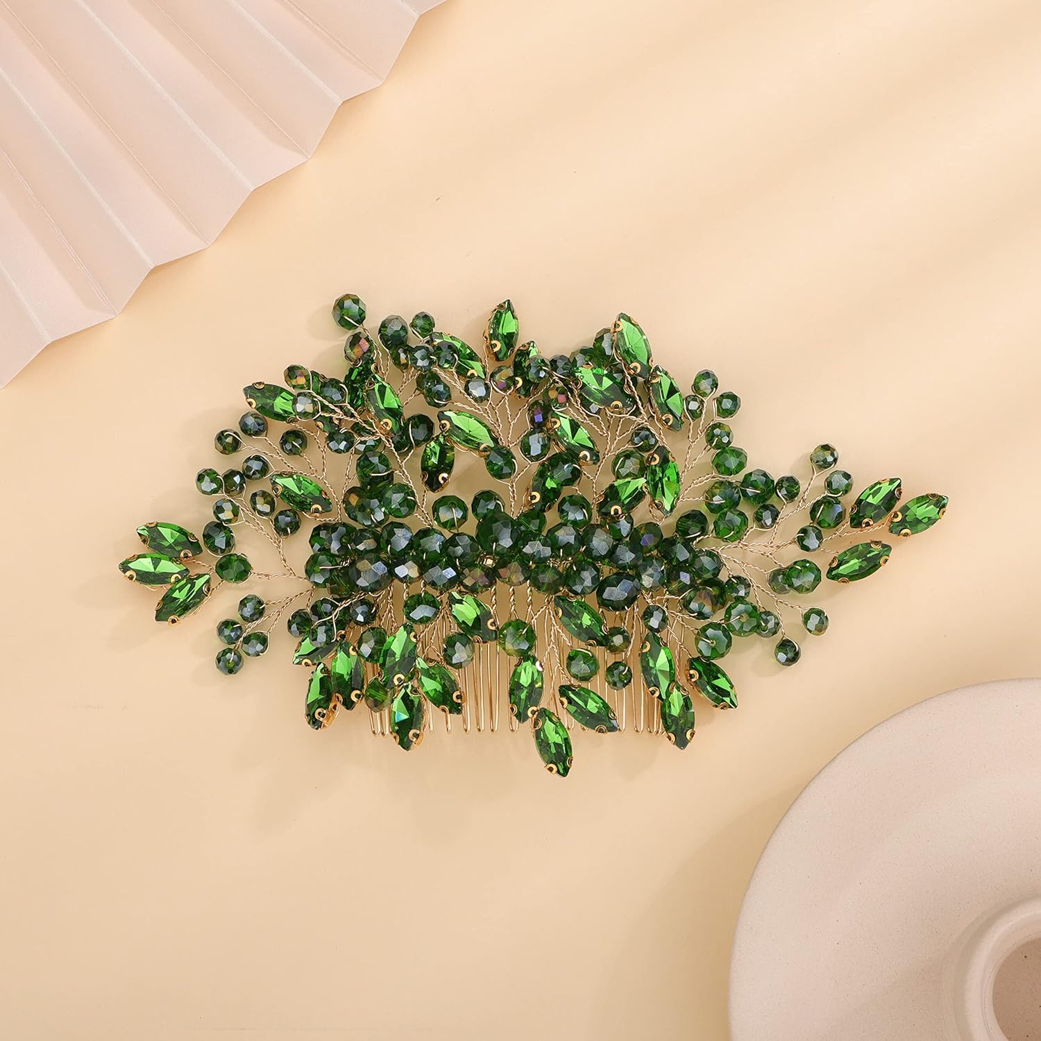 Green Crystal Rhinestone Hair Comb, Handmade Fashion Jewelry Hair Accessory for Women and Girls, Teardrop Rhinestone Headband with Green Beads, Size 15*10CM, Ideal for Wedding and Parties - Image 5