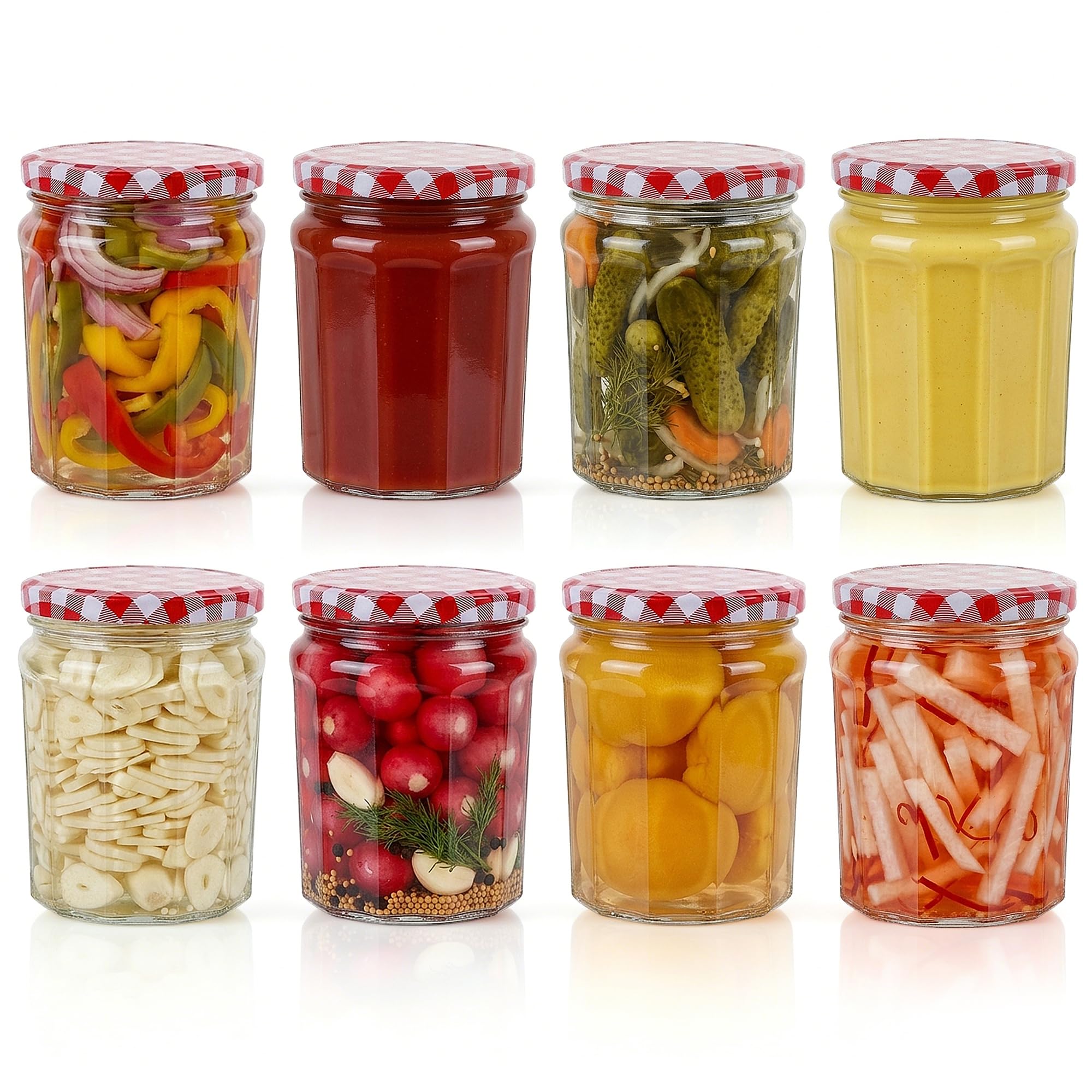 DWUIQY 8 pack 370ml Glass Jam Jars with Gingham Lids Wide Mouth Airtight