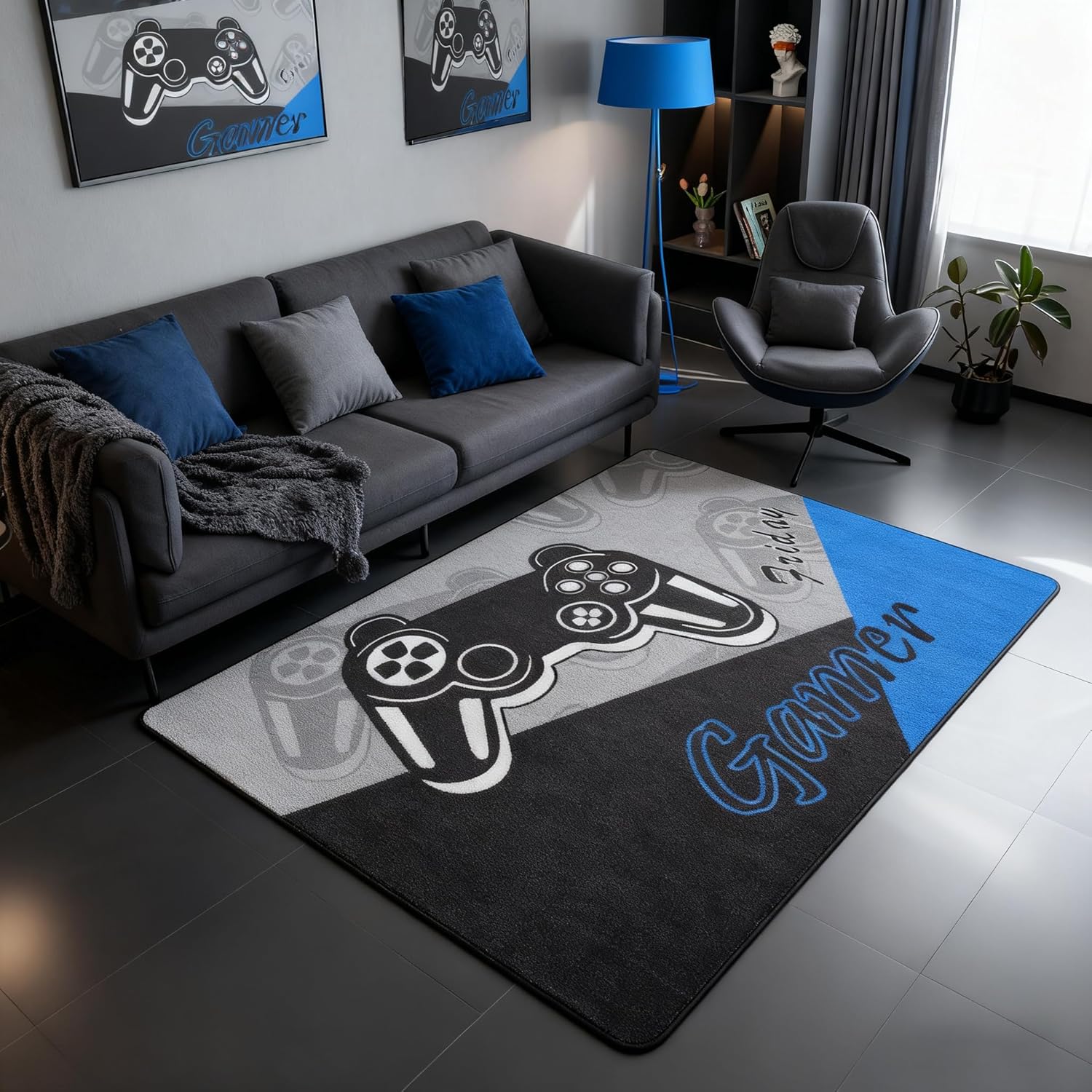 jejeloiu Gamer Area Rug 4x5 Gaming Rugs for Living Room Bedroom Game Room Decor Gamepad Blue and Black Accent Rug