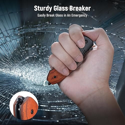 Vista 33 de Navaja de bolsillo para hombre – Cuchillos de bolsillo plegables con mango de madera con clip, rompedor de vidrio, cuchillo EDC de hoja afilada