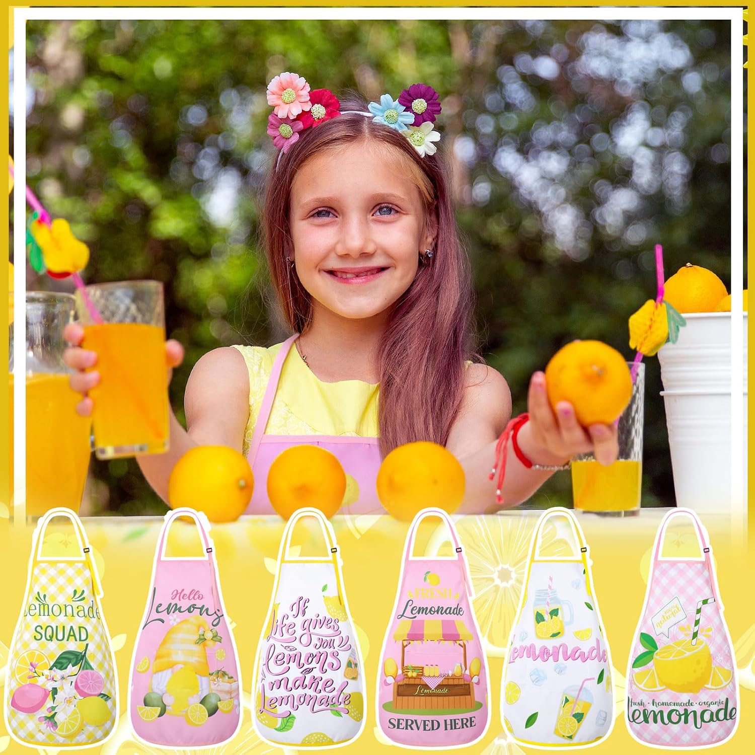 Shyyween 6 Pcs Summer Lemon Aprons for Women Lemonade Stand Supplies Adjustable Strap Large Pink and Yellow Lemon Kitchen Aprons for Painting Cooking Baking Summer Lemonade Stand Party Supplies