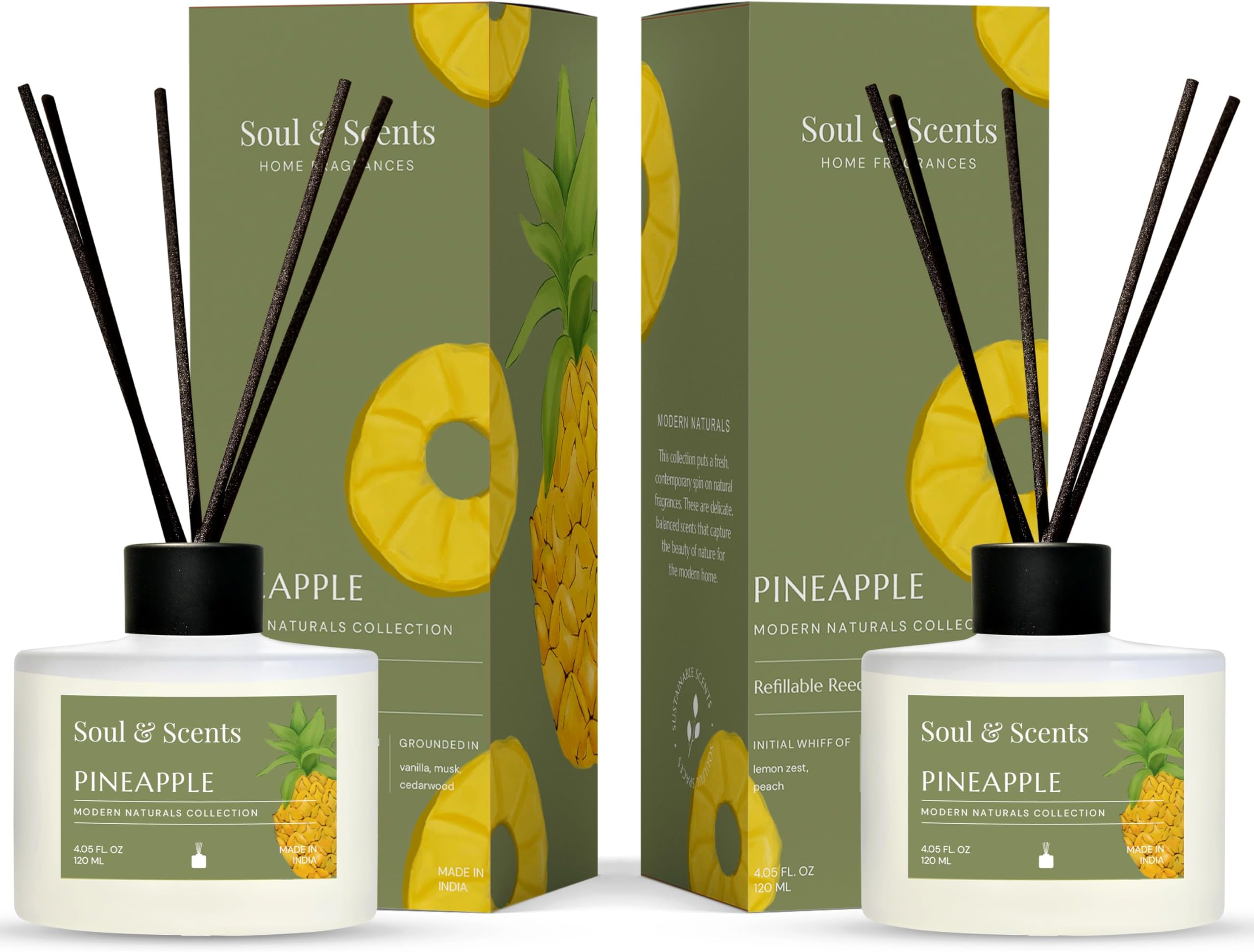 Soul & Scents Pineapple Reed Diffuser Set - 120ml with 6 Fiber Sticks Each | Stress Relief & Aromatherapy | Long-Lasting Scented Air Freshener for Home, Bedroom, Bathroom & Office | Pack of 2