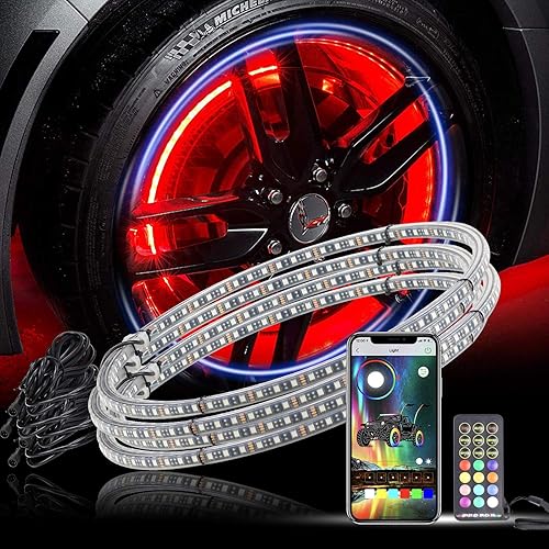 Kit de luces LED de rueda RGB de 155 pulgadas con función direccional y frenado puede controlar por control remoto y aplicación simultáneamente con