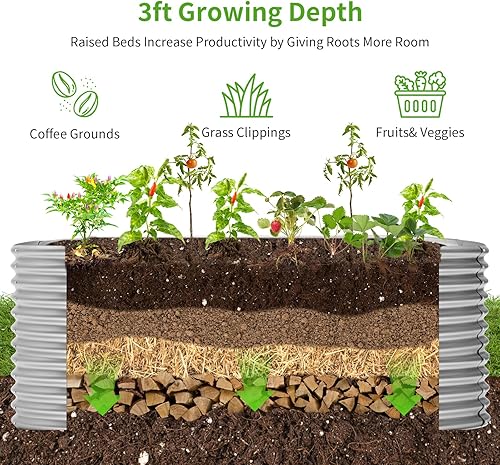 Miniatura 5 de Land Guard Jardineras elevadas ovaladas galvanizadas de 8 x 4 x 3 pies, maceta de metal de gran capacidad para exteriores, cama de jardín duradera