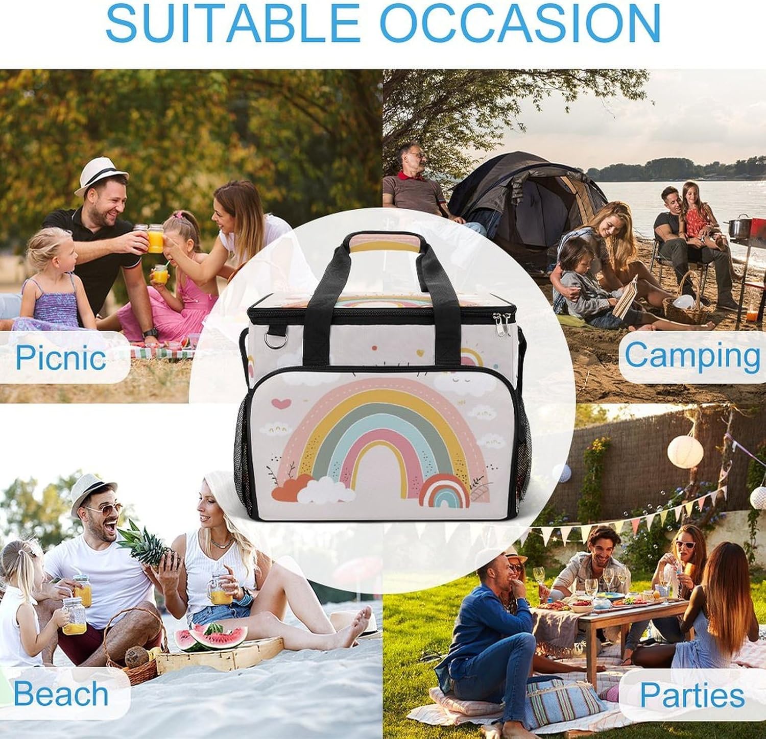 Insulated Picnic Backpack Tote Bag, Large Capacity 30L Rainbow and Cloud Cooler Bag Leakproof Beach Bags Portable Lunch Box Waterproof Picnic Basket for Beach Camping BBQ