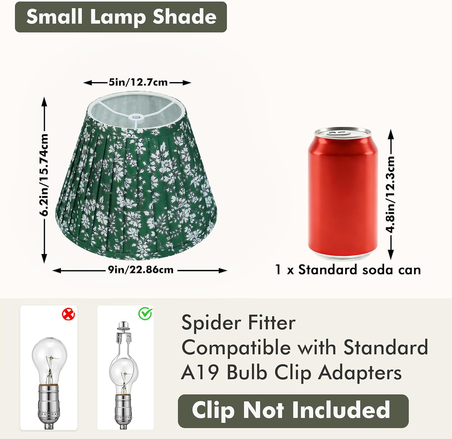 Green Floral Small Lamp Shade - 1 Pack, 5x9x6.2 Inch Empire Pleated Lampshade for Bedside, Desk & Nightstand Lamps, Spider Fitter, No Assembly Needed, Perfect for Cozy Cottage, Farmhouse & Country