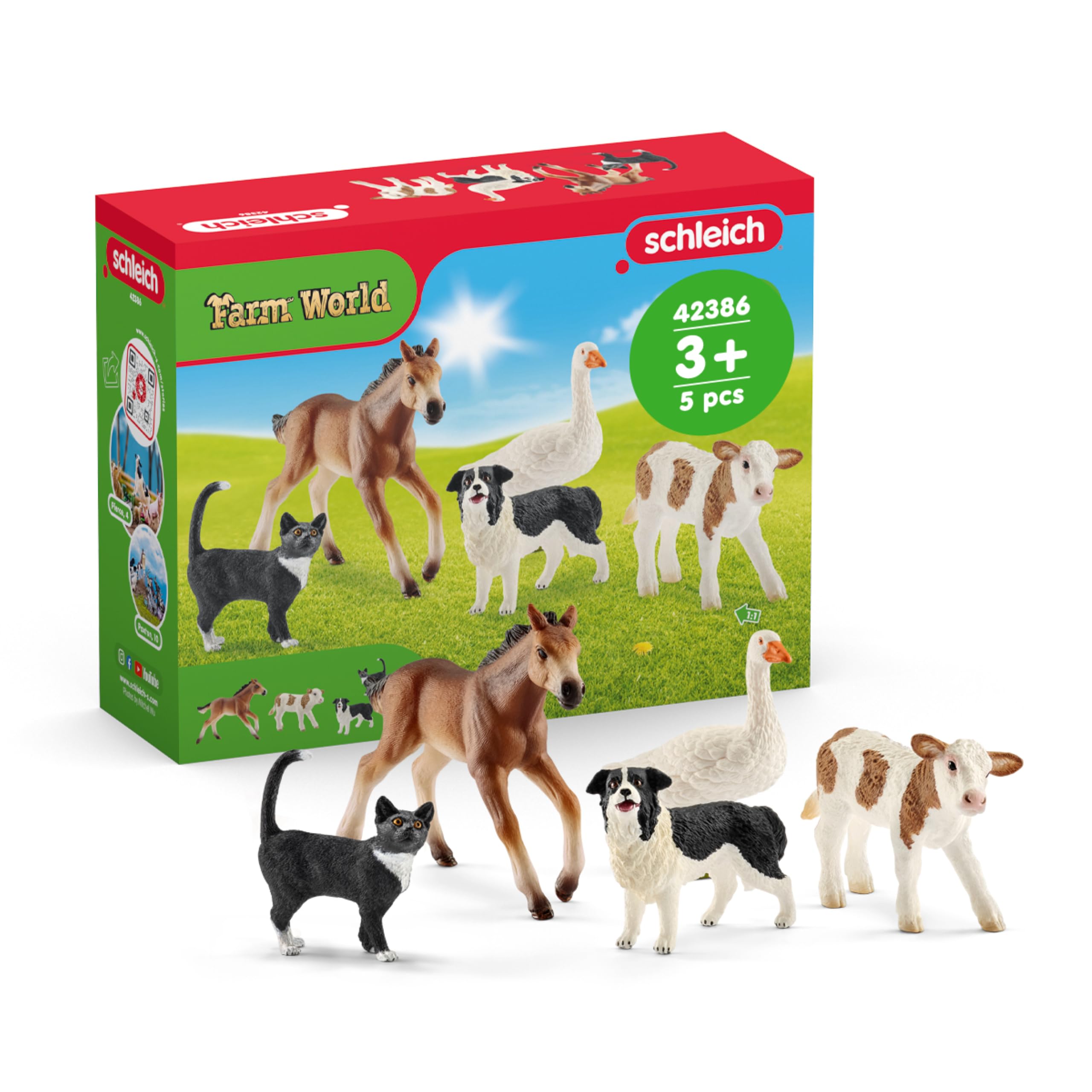 Schleich Farm World - 5PC Realistic Farm Animal Figurines for Boys and Girls - Realistic Barn Animal Playset with Cow, Cat, Dog, Goose and Horse - Barnyard Figures for Toddlers - Kids Ages 3+ | 42386