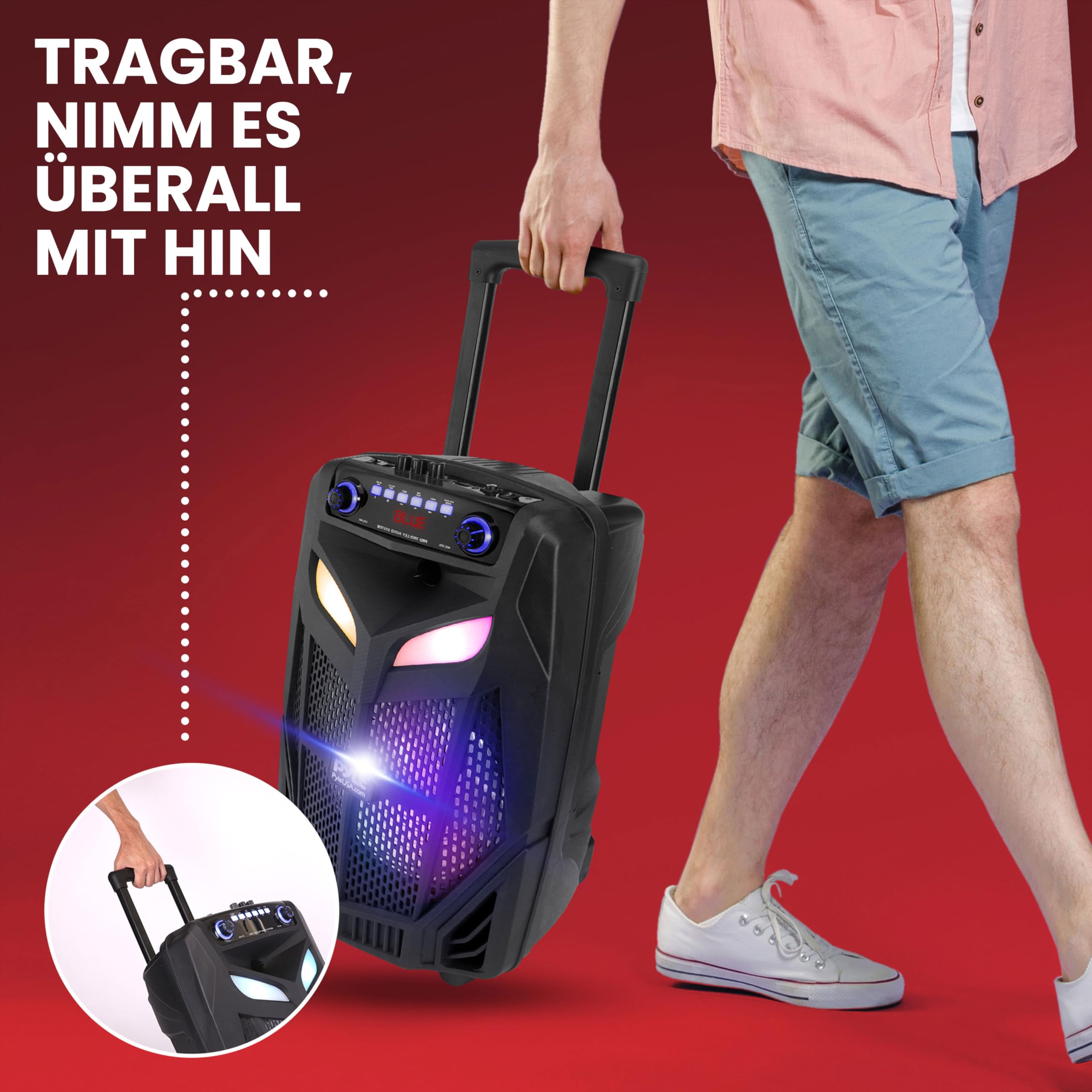 Pyle Karaoke Anlage mit Mikrofon 800W 12 Zoll – Tragbarer PA Lautsprecher Bluetooth Partybox mit Akku, LED Licht, Radio, USB SD AUX, Trolley Rollen für Events und Outdoor
