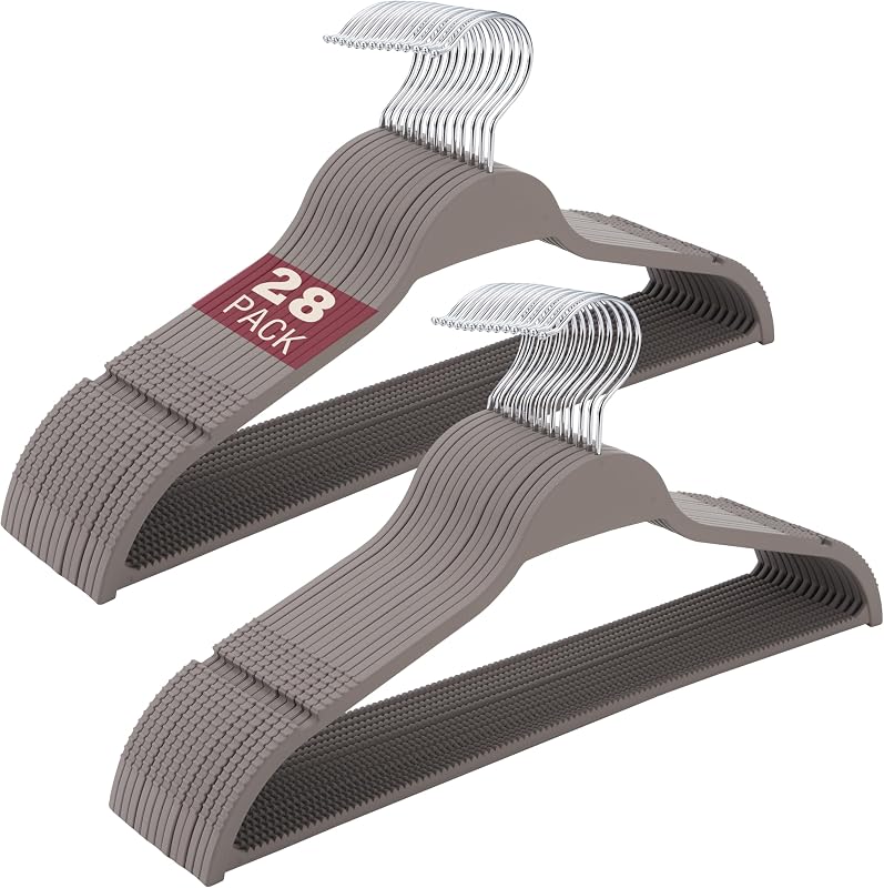 Grey Plastic Thin Hangers, 28 Pack Upgraded Rubberized Non Slip, Durable Slim Clothing Hangers, 17.7 Inches Wide for Adults