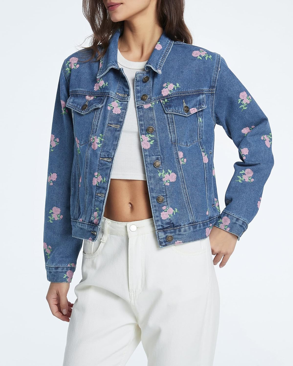 Kedera Denim Jackets for Women Trendy 2025 Long Sleeve Button Down Crop Floral Print Jean Jackets Fall Short Jean Coat - Image 6