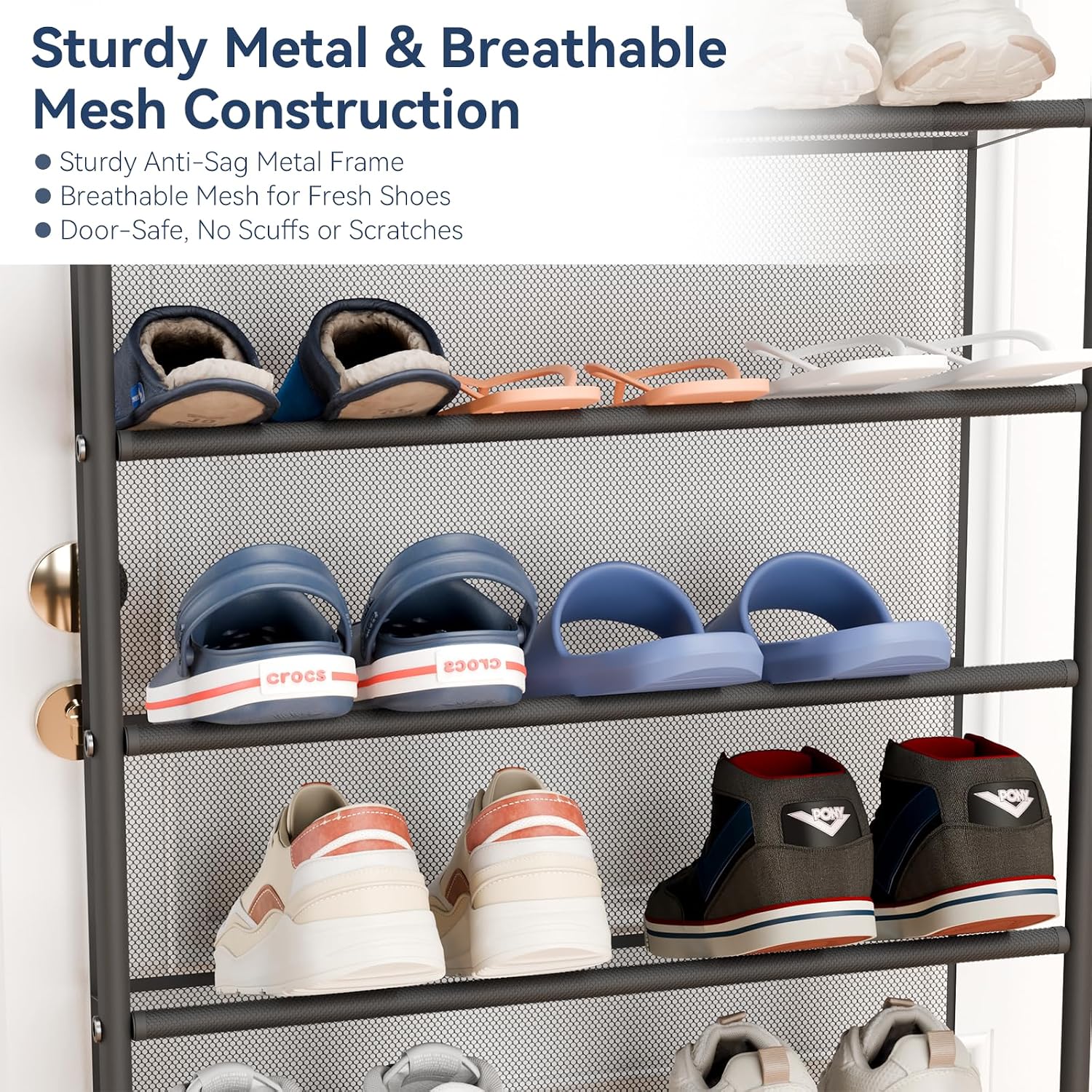 Whitmor 36 Pair Over The Door Shoe Organizer, 12 Tier Hanging Shoe Organizer, Heavy Duty Metal & Mesh Shoe Holder, Hanging Shoe Rack for Closet Organizer, 74" L x 21.7" W x 7.5" H, Matt Gunmetal image 5